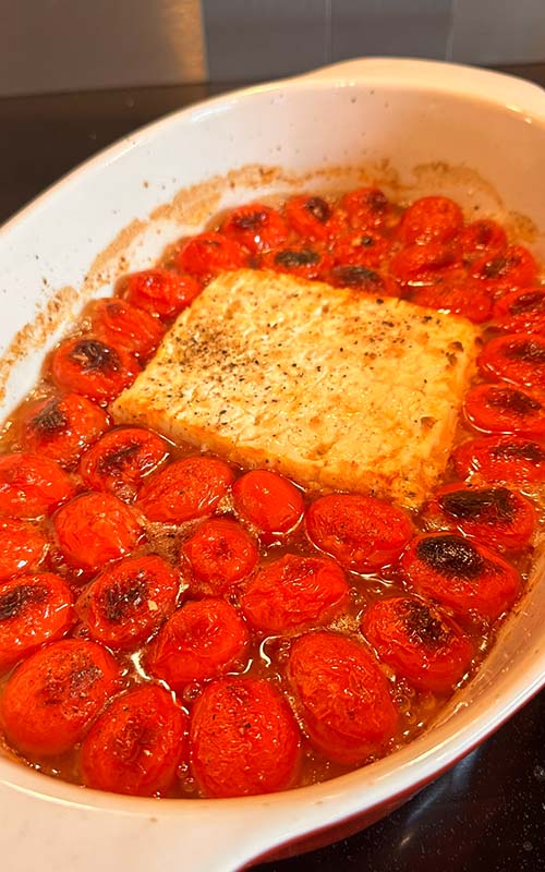 Roasted tomatoes and feta for Baked Feta Pasta