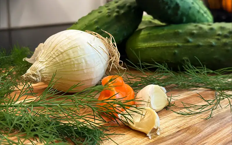 Fresh ingredients for homemade refrigerator pickles.