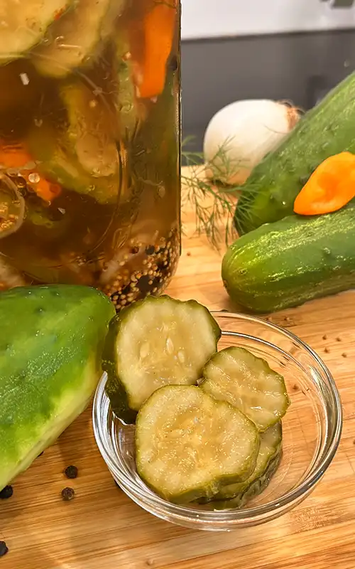 Homemade Refrigerator Pickles ready to eat.