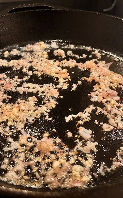 Shallots and Garlic Sautéing to start the red wine reduction. 