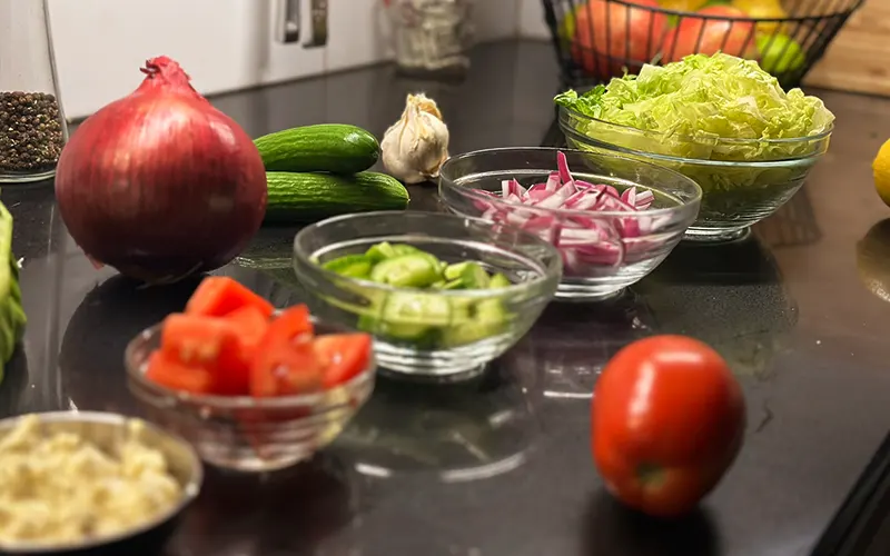 Preparing the Greek Salad